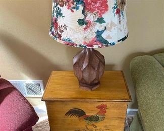 Knotty Pine Hand Painted Rooster Occasional Table with Storage. Pier 1 Table Lamp