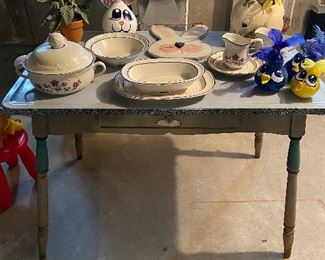 Vintage Enamel Kitchen Table with Drawer, Easter Spring Decor