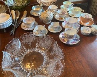 Vintage Fostoria Etched Serve Ware/Underplate. Tea Cups Saucers
