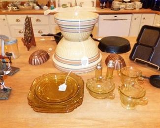 Antique Yellow Ware Mixing Bowls, Depression Glass, Egg Scales, Cast Iron Skillets, Antique Copper Food Molds