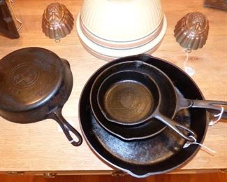 Griswold Skillet & Other Cast Iron Skillets including Chef Skillet with Thumb Handle (Possibly Wagner) 