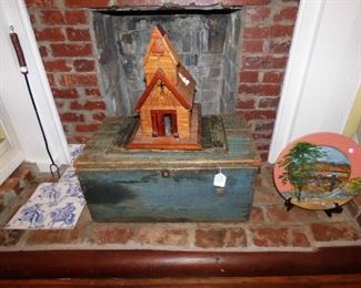 Primitive Box, Tramp Art Matchstick Church (Lighted), Antique tiles, etc