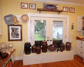 Vintage Enamel Colonial Bread Sign, Signed Southern Pottery Crocks, Churns & Pitchers (See next 5 pictures)