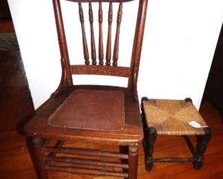 Antique oak pressed back caned seat chair, antique stool with rush seat
