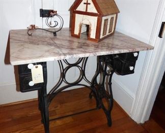 Standard Treadle sewing machine base with marble top, Tramp Art Matchstick church "as is"