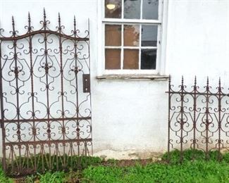 Antique iron gate, post and fencing section