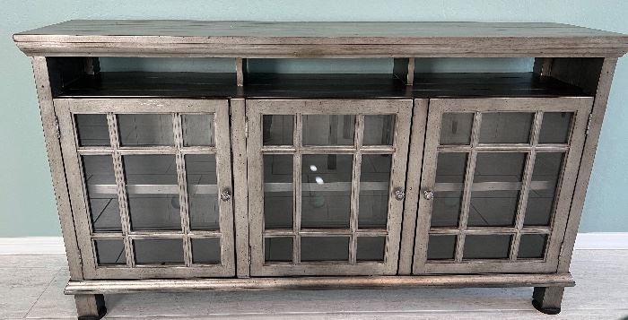 Glass Front Buffet/ Media Center Silver w Touches of Copper