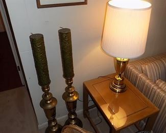 MCM brass candlesticks with wooden candles...MC end tables( pair )