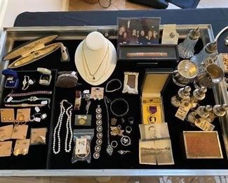 Fine jewelry case containing Lucien Piccard 14k gold men's watch, 14k & 18k white & yellow gold jewelry, sterling silver jewelry and pieces, WWII Purple Heart & Winston Churchill cigar. 