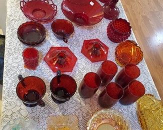 Blue Glass, Red Glass, Pink Depression Glass, Amber Glass & Green Uranium Depression Glass 