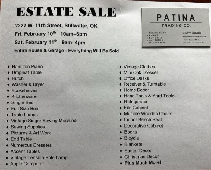 Estate Sale in Stillwater, OK starts on 2/10/2023