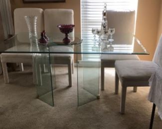 Modern glass dining table, double pedestal, with 4 upholstered chairs $375.00