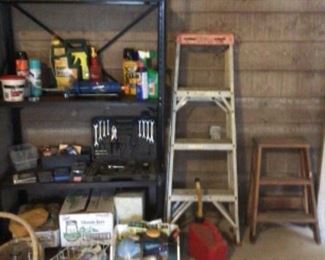 Metal storage shelf $45.; step ladders & tools, gardening items