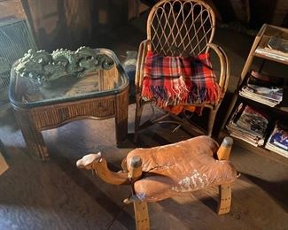 Vintage Furniture Items / Rattan Table / Wicker Chair / Camel Bench