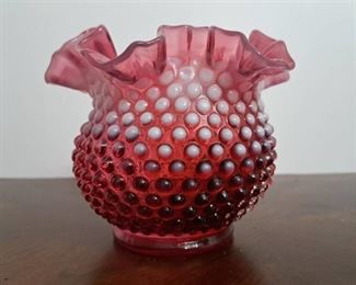 Vintage Fenton Hobnail Opalescent Ruffled Crimp Cranberry 5" Art Glass Vase