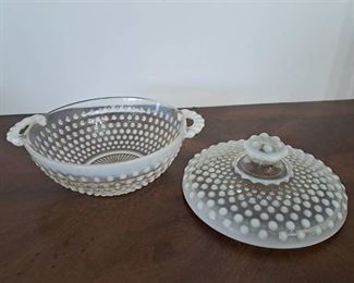 Vintage Anchor Hocking Moonstone Opalescent Hobnail Covered Candy Dish