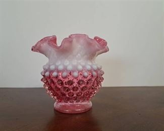 Vintage Fenton Cranberry and Pink Hobnail Ruffled Glass Vase