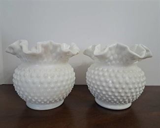 (2)Vintage White Milk Glass Hobnail Vase Double Crimped 5.5" Rounded Ruffle Fenton
