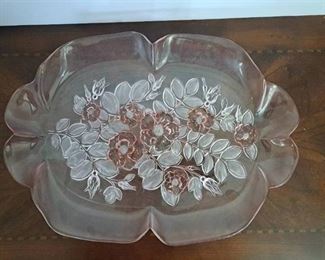 Mikasa Rosella Canape Tray 16" Etched Rose Pink Original Walther Glass