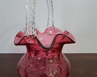 Vintage Cranberry Fenton Art Glass Basket Vase Clear Glass Rope Handle