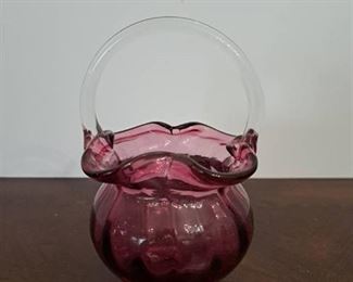 Pilgrim Glass Cranberry Basket with Clear Handle. 5 1/5”