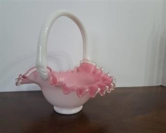 Fenton Peach Crest Art Glass Basket/ Pink And White Milk Glass Applied Handle