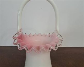 Vintage Fenton Glass Co Handmade Peach Crest Ruffled Edge Basket