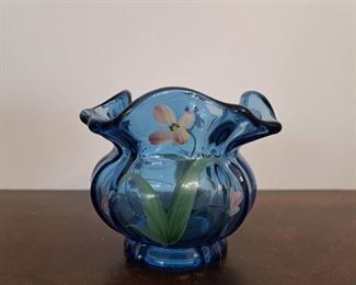 Fenton Glass Cobalt Blue Flowers Glass Vase signed