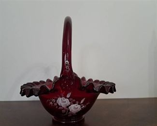 Signed Fenton Dark Red Ruffled Basket w/Hand Painted White Roses