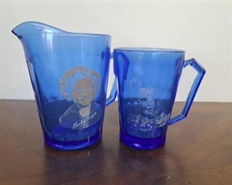 (2)VINTAGE SHIRLEY TEMPLE HAZEL - ATLAS GLASS CO. COBALT BLUE PITCHER CREAMER