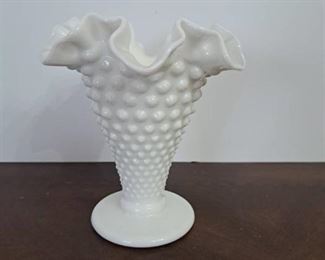 Vintage Fenton White Milk Glass Hobnail Ruffled Vase 5.5"