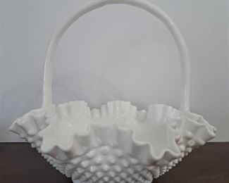 Vintage Fenton Art Glass Hobnail Milk Glass Basket Ruffled Edge 10" x 11"