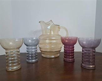 Dunbar Iridescent Honey Yellow Pitcher and 4 Pearl Diver Cocktail Glasses