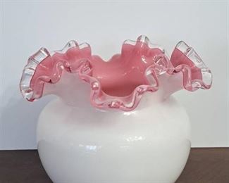 Fenton White and Pink Silver Crest Vase with Ruffled Edge