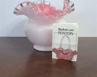 Fenton White and Pink Silver Crest Vase with Ruffled Edge