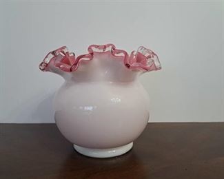 5" Fenton White and Pink Silver Crest Vase with Ruffled Edge
