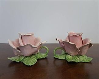 Napoleon Capodimonte Italian Porcelain Flowers Taper Candle Holder (Set of 2)