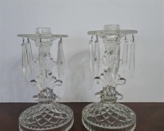 Pair of Vintage Crystal 6 Drop Prisms Mantle Luster Candle Holders