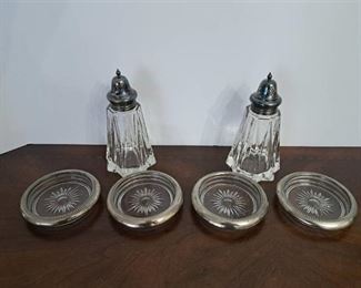 4 Coatsers and 2 Crystal Salt and Pepper Shakers