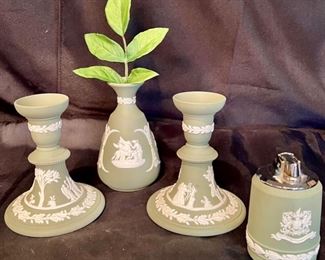 Wedgwood Celadon Green Candlesticks, Cameo Bud Vase, and lighter