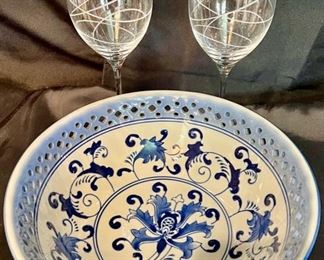 Pierced Blue & White Porcelain Bowl with Nambe Wine/Water Goblets