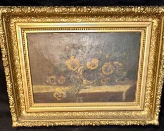 19th C Oil on Canvas of Pansies in a Unbelievable  Gilded Frame