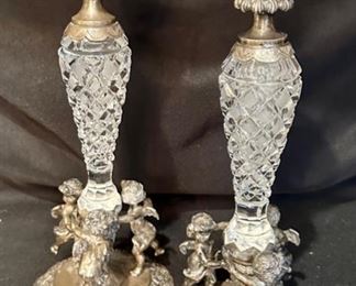 RARE pair of 19th C German Silver and Lobmeyr Cut Crystal Candlesticks