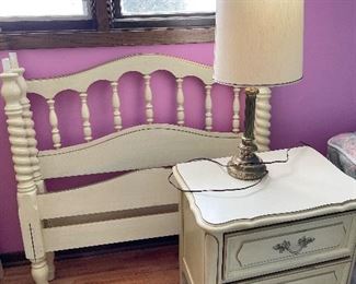 Mid Century cream bedroom set with twin four poster canopy bed, nightstand, desk and dressers 