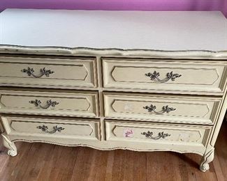 Mid Century cream bedroom set with twin four poster canopy bed, nightstand, desk and dressers 