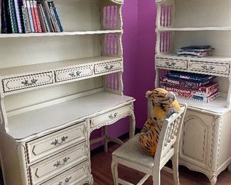 Mid Century cream bedroom set with twin four poster canopy bed, nightstand, desk and dressers 