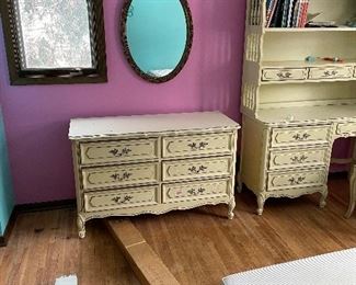 Mid Century cream bedroom set with twin four poster canopy bed, nightstand, desk and dressers 