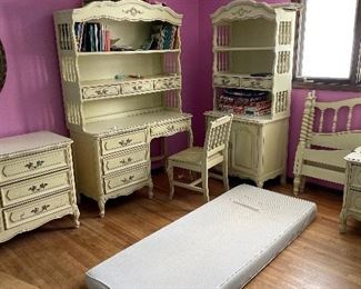 Mid Century cream bedroom set with twin four poster canopy bed, nightstand, desk and dressers 