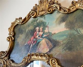 Vintage ornate gold mirror with painted scene detail
