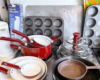 Kitchen items, pots and pans, cooking utensils, baking pans, more